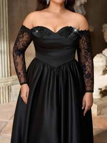 Aureia 大码优雅奢华黑色露肩薄纱长袖连衣裙，饰有花卉领口、蕾丝边和荷叶边下摆，适合婚礼、单身派对、度假、舞会、宴会和晚宴等场合（厚款）黑色蕾丝连衣裙，情人节 - 黑色 - 查看 2