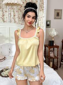 CottageSlumber 女式花卉印花荷叶边吊带背心和短款睡衣套装 - 黃色 - 查看 5