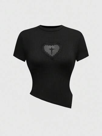 Kawaii J-Fashion Fashionable Lace Heart Hollow Cross Neck Embroidery Asymmetrical Hem Blouse