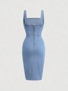 SHEIN MOD 女式方领褶饰修身牛仔无袖连衣裙 - 淺色水洗藍 - 查看 2