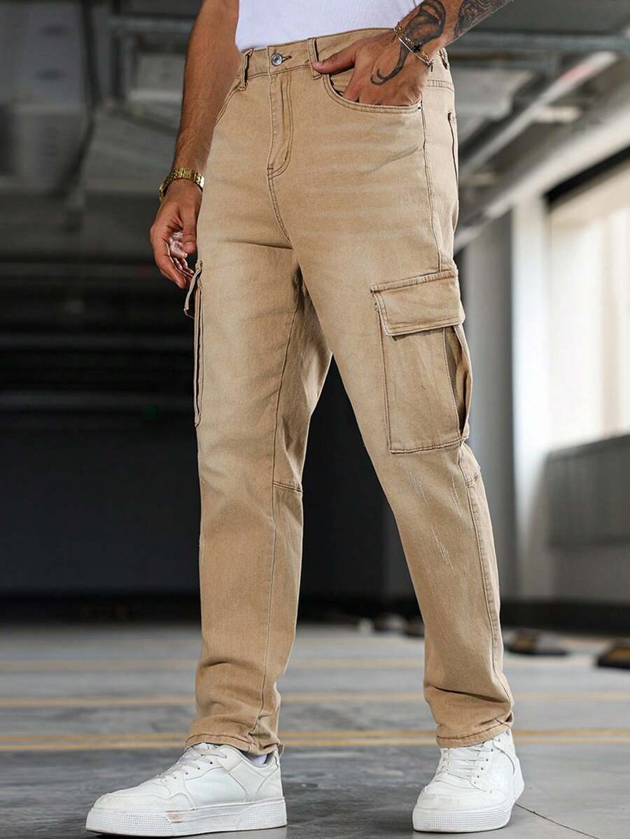 Manfinity Homme Quần Jeans Jeans Cargo Denim Vintage Thường Ngày Cho Nam - Màu be - Xem 1