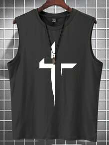 Manfinity LEGND Plus Size Men's Geometric Printed Round Neck Casual Tank Top, Summer - Dark Grey - View 4