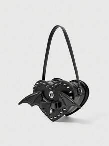 ROMWE Goth Geantă de umăr pentru femei, în formă de inimă, versatilă, drăguță, la modă - Negru - Vizualizare 2