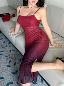 DAZY 女士渐变垂褶修身喇叭长连衣裙 夏季女装 - 紅色和黑色 - 查看 2