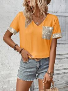 SHEIN LUNE Women's Vacation Casual Sequin Patchwork Short Sleeve T-Shirt