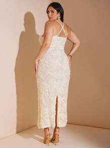 SHEIN BAE 夏季女式提花修身长款细肩带连衣裙 - 杏色 - 查看 3