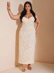 SHEIN BAE 夏季女式提花修身长款细肩带连衣裙 - 杏色 - 查看 6