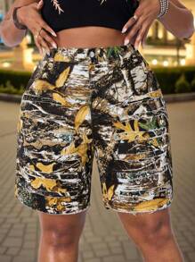 Slaydiva Pantalones cortos de mezclilla con camuflaje y efecto desgastado, para mujer talla grande, de verano - Multicolor - Ver 6