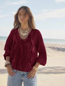 Aralina Ruffled V-Neck Long Sleeve Front Tie Blouse