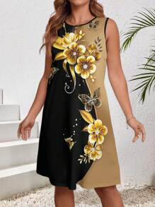 EMERY ROSE Plus Size Women Floral Print Crew Neck Sleeveless Tank Dress - Multicolor - View 3