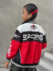 SHEIN Tween Girls' Fashion Street Style Loose Fit Black White Red Color Block Letter Print Jacket Autumn Clothing Fall Winter