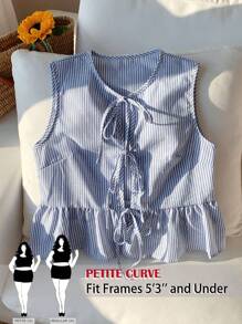 SHEIN PETITE CURVE Plus Size Women Striped Front Tie Ruffle Hem Sleeveless Blouse - Blue and White - View 1