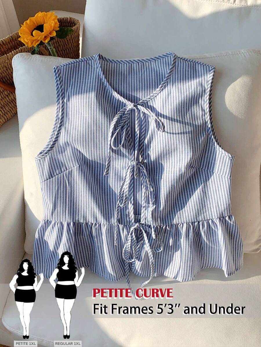 SHEIN PETITE CURVE Plus Size Women Striped Front Tie Ruffle Hem Sleeveless Blouse - Blue and White - View 1