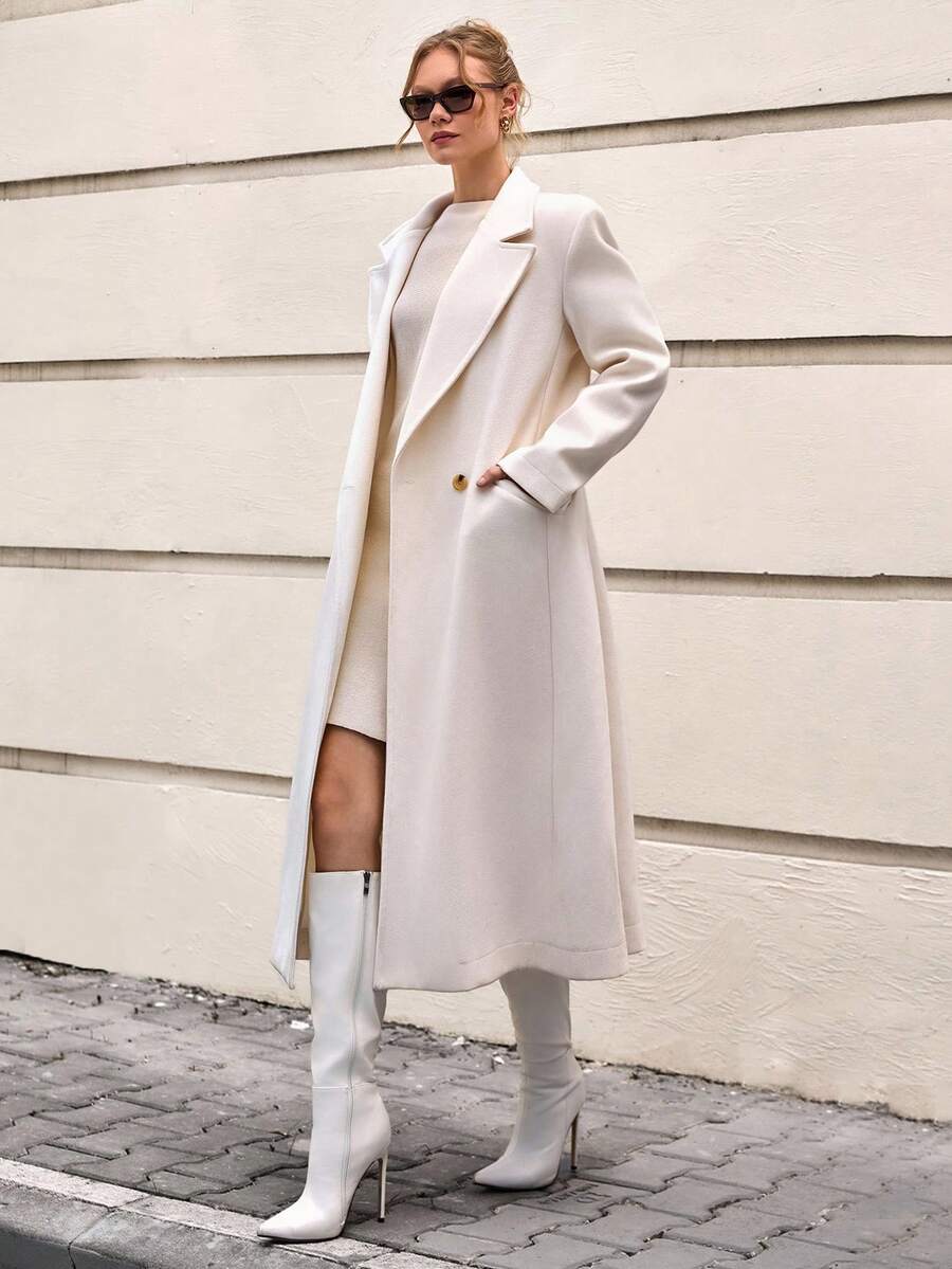 CLARA VERO Áo khoác dài thanh lịch hai hàng khuy có ve áo khoét và túi có nắp, sạch sẽ, vừa vặn và phù hợp với mùa đông - trắng - Xem 1