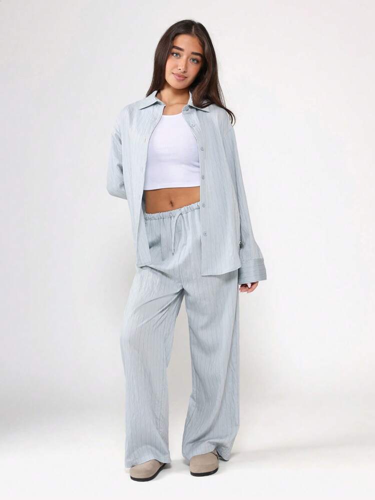 Pinstripe Button Down Shirt With Wide Leg Pants