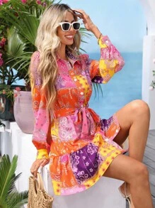 Vivid Eden فستان قصير بأكمام طويلة بطبعات ملونة وطراز بوهيمي رجعي، ملابس للعطلات والحفلات والنزهات والخريف، ملابس مناسبة للمطار والطراز البوهيمي للنساء