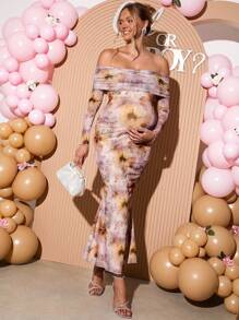 SHEIN Loomaby 优雅派对花卉印花露肩鱼尾孕妇装 - 彩色 - 查看 3