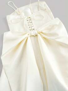 SHEIN MOD 杏色缎面蝴蝶结后背中长连衣裙 - 杏色 - 查看 4