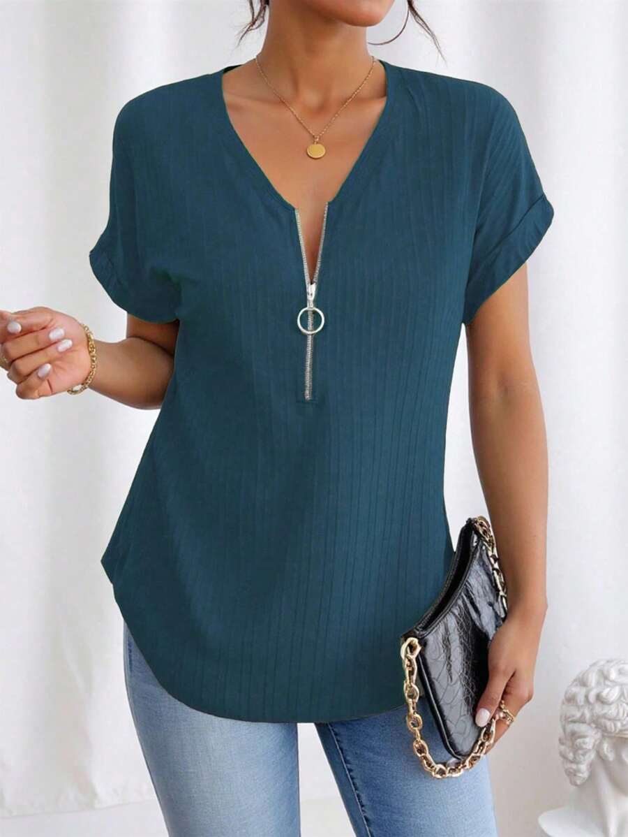 EMERY ROSE Women Half Placket Zipper Batwing Sleeve Casual Solid Color Blouse - Blue - View 1