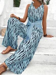 SHEIN Clasi V-Neck Twist Strap Women's All Over Allover Print Wide Leg Jumpsuit - Baby Blue - View 6
