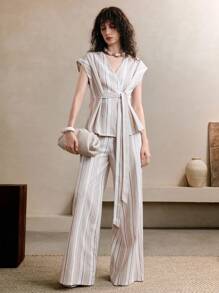 EMERY ROSE 女士梭织亚麻色织面料，时尚简约，优雅通勤，休闲，V领，打结，短袖上衣搭配阔腿裤，复古风女士，复古服装女士，米色和卡其色条纹两件套西装，全白，全白派对装女士 - 卡其色 - 查看 8