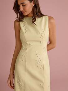 Enchnt 夏/秋浪漫女士奶油黄精致仿珍珠装饰无袖可爱迷你连衣裙，甜美优雅，适合度假、约会、节日、生日、派对、毕业典礼、婚礼宾客、办公室和外出，舞会礼服，女士夏装，女士太阳裙，夏装，女士夏装，返校 - 黃色 - 查看 3