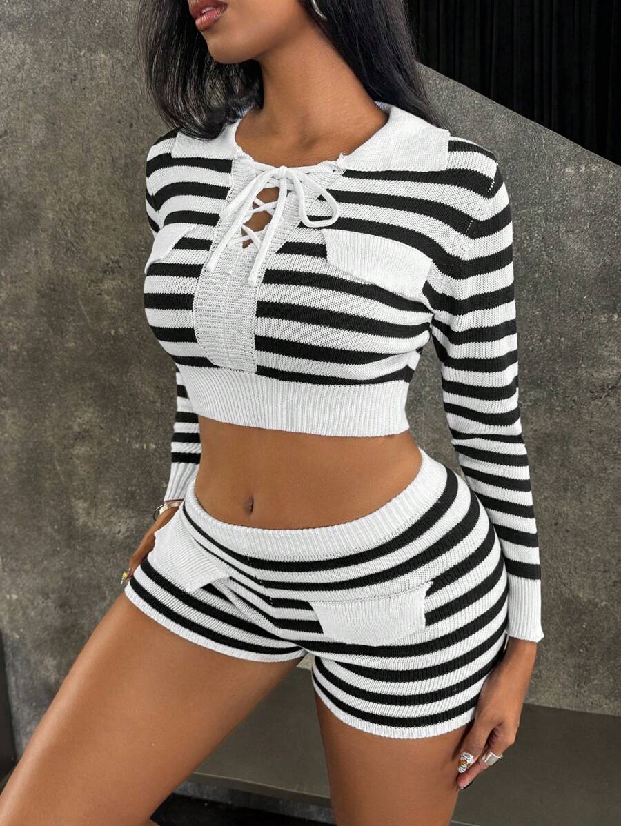 INAWLY 2pcs Women's Striped Knitted Cropped Top And Shorts Set Fall Cloth For Women - Multicolor - View 1