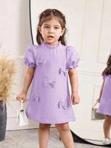 SHEIN Baby Girl Casual Simple Comfortable Ruffled Collar Puff Sleeve Dress - Mauve Purple - View 3