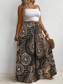 EMERY ROSE 大码女式优雅休闲印花阔腿裤 - 黑色 - 查看 4