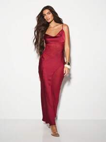 KIZN 优雅缎面晚礼服，垂领设计，及地长款，无袖，露背修身，适合特殊场合和婚礼宾客穿着。 - 酒紅色 - 查看 1