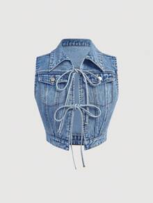 SHEIN MOD 女式前系带休闲牛仔背心 - 中等水洗藍 - 查看 1