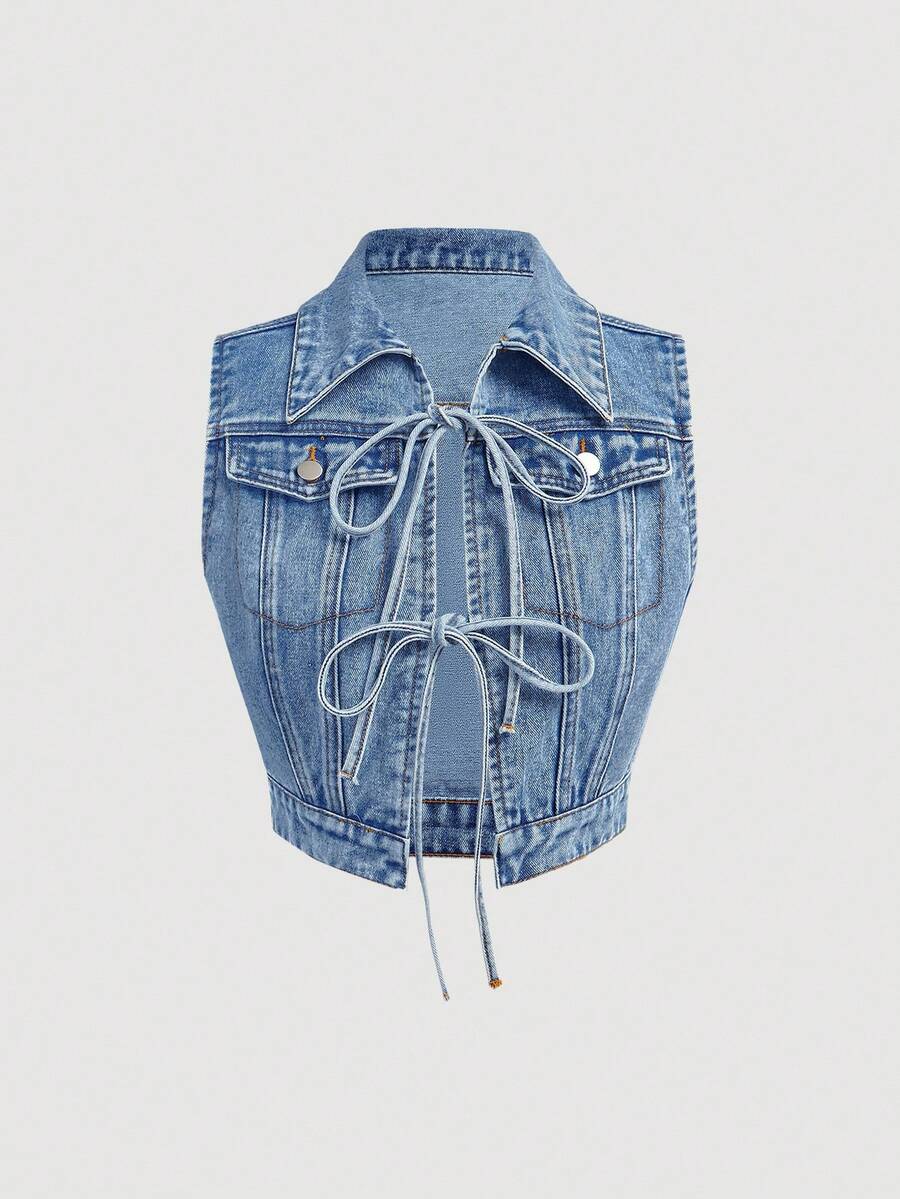 SHEIN MOD 女式前系带休闲牛仔背心 - 中等水洗藍 - 查看 1