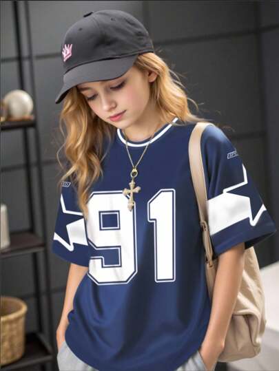 SHEIN Sparklyn Tween Girl Casual Chic Energetic Street Style White Digit 91 & Star Stripe Print Round Neck Short Sleeve T-Shirt, Athletic Vibe Tee For Summer Summer Holiday