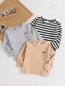 SHEIN 3 Piece Set Baby Boy Crew Neck Long Sleeve Tees,Black And White Striped,Plain,Autumn,Casual,Carrer Day,Back-To-School,Thicker Thermal Lined Soft Tops - Multicolor - View 7