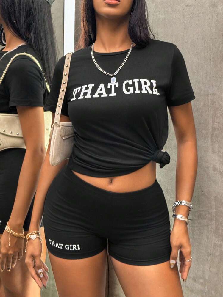SHEIN Conjunto De Verão Casual Feminino 2 Peças Impressão De Letras Camiseta De Manga Curta Com Gola Redonda E Shorts - Preto - Visão 5