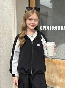 SHEIN Jaket Baseball Kerah Tegak dengan Warna Kontras untuk Remaja Perempuan, Kasual dan Serbaguna, Cocok untuk Kembali ke Sekolah, Cocok untuk Ibu dan Anak, Musim Gugur dan Musim Dingin - Hitam dan Putih - View 5