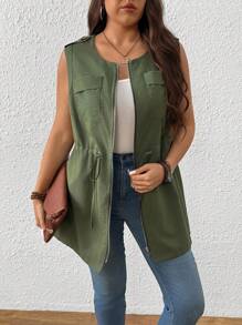 EMERY ROSE Plus Size Women Sleeveless Casual Solid Color Round Neck Jacket With Pockets And Zipper, Spring/Autumn Winter Fall - Army Green - View 3