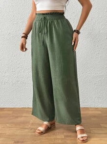 EMERY ROSE Femei Plus Size talie înaltă confortabil talie elastică cu șnur înclinat buzunare cu dungi textură largi pantaloni casual largi - Verde - Vizualizare 5