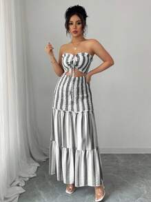 Elenzga 2025 Summer New Arrival Black & White Striped Sexy Elegant Lady Versatile Waist Tie Strapless Sleeveless Dress, Suitable For Dates, Outings, Vacations, Holidays, Independence Day, Back To School, Teacher's Outfit, Weddings, Parties, Music Festivals, Oktoberfest, Halloween, Thanksgiving - Black and White - View 3