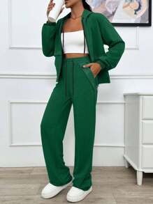 EURMUSE TWO PIECES TWO THREAD LIGHT GREY HOODIE SWEATSHIRT AND SWEATPANT WITH SPARKLE STONE DETAIL - Dark Green - View 3
