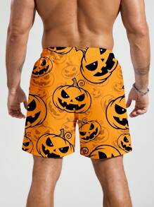 Manfinity KASUA Men's Casual Halloween Pumpkin Print Beach Shorts,Orange Summer Jack O Lantern Swim Trunks,Novelty Vacation Swimwear - Orange - View 2