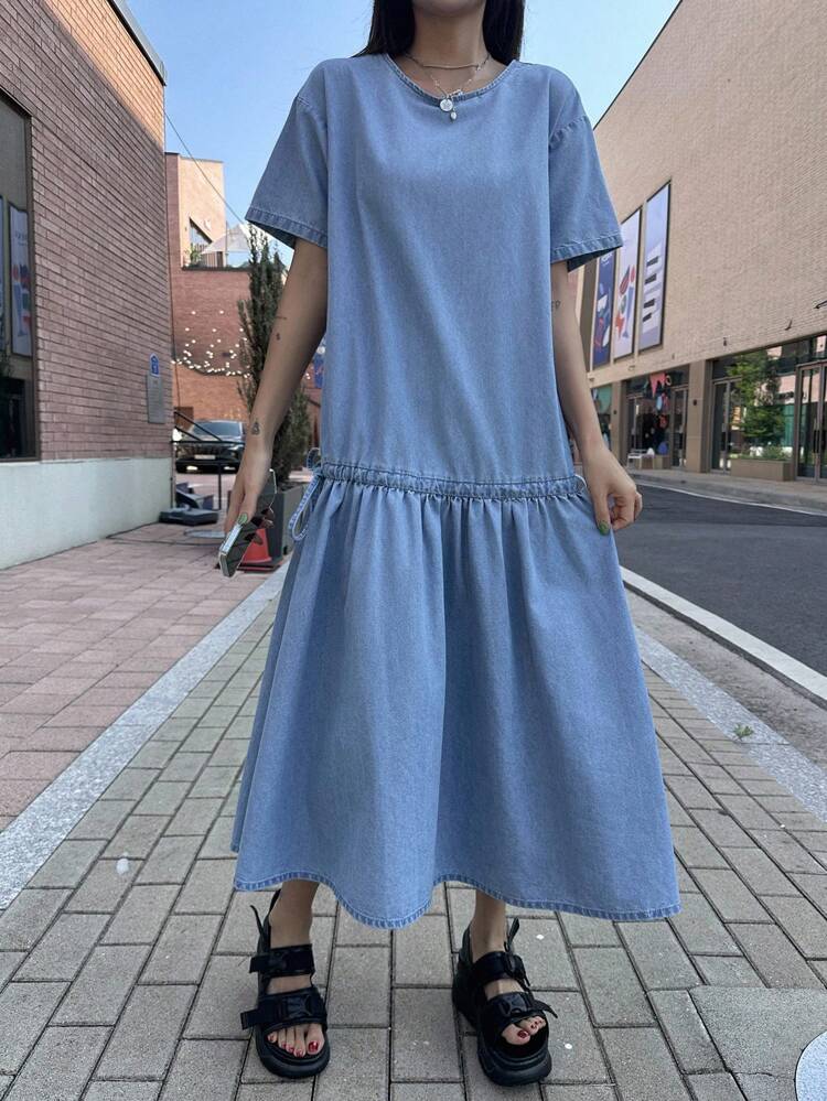 Women's Casual Round Neck Short Sleeve Drawstring Waist A-Line Denim Dress, Summer Dress