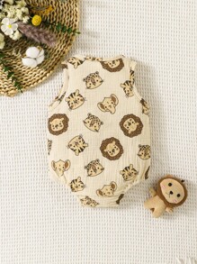 SHEIN 新生儿夏季新款婴儿宝宝纯棉可爱狮子卡通印花连体衣婴儿衣服套装 - 卡其色 - 查看 2