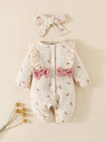 SHEIN Newborn Baby Girl Cute Bow Print Cotton Comfortable Princess Jumpsuit, Spring & Autumn Fall Winter