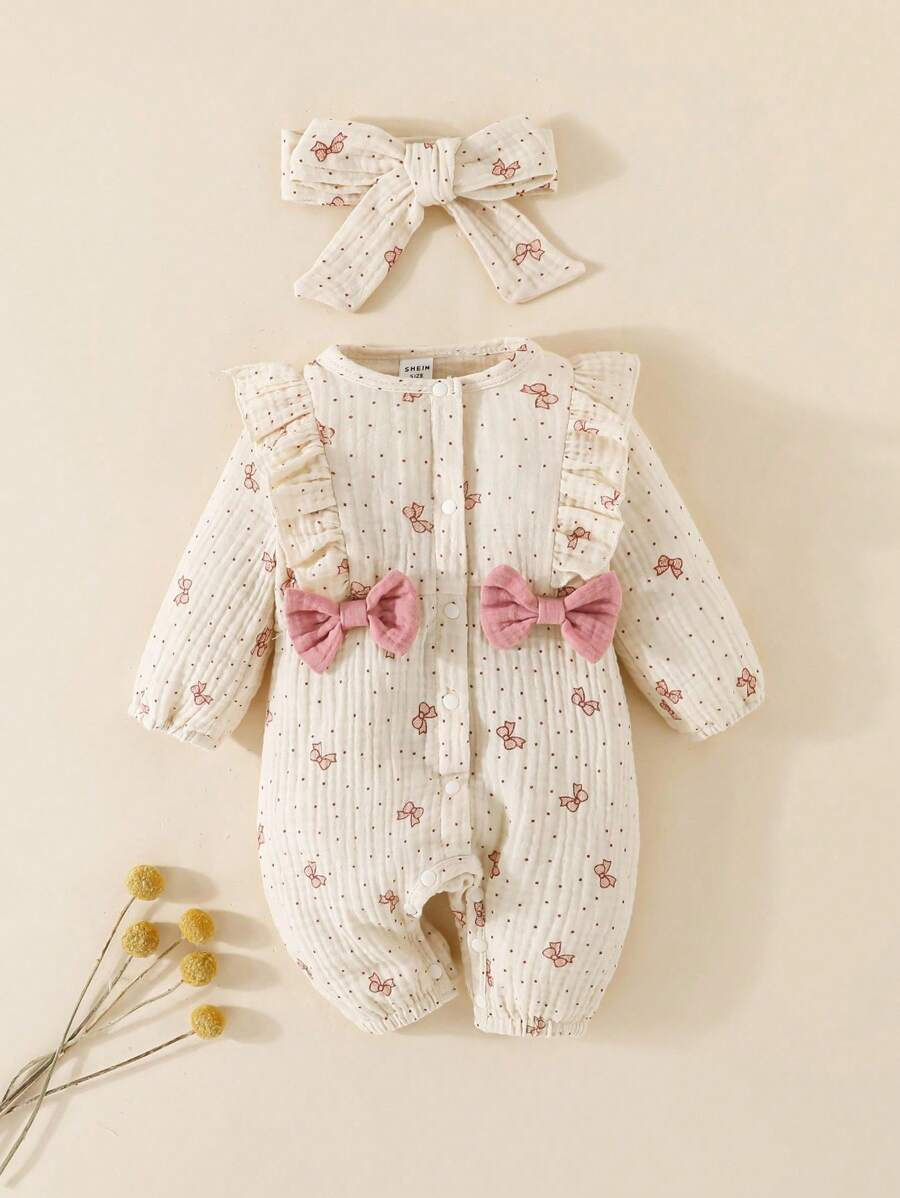 SHEIN Newborn Baby Girl Cute Bow Print Cotton Comfortable Princess Jumpsuit, Spring & Autumn Fall Winter - Apricot - View 1