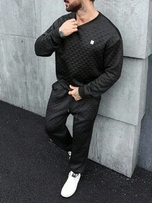 Manfinity Homme Men's Black Letter Embroidered Crew Neck Sweatshirt & Joggers Set, Casual & Commuter Daily Wear,Fall Clothes - Black - View 1