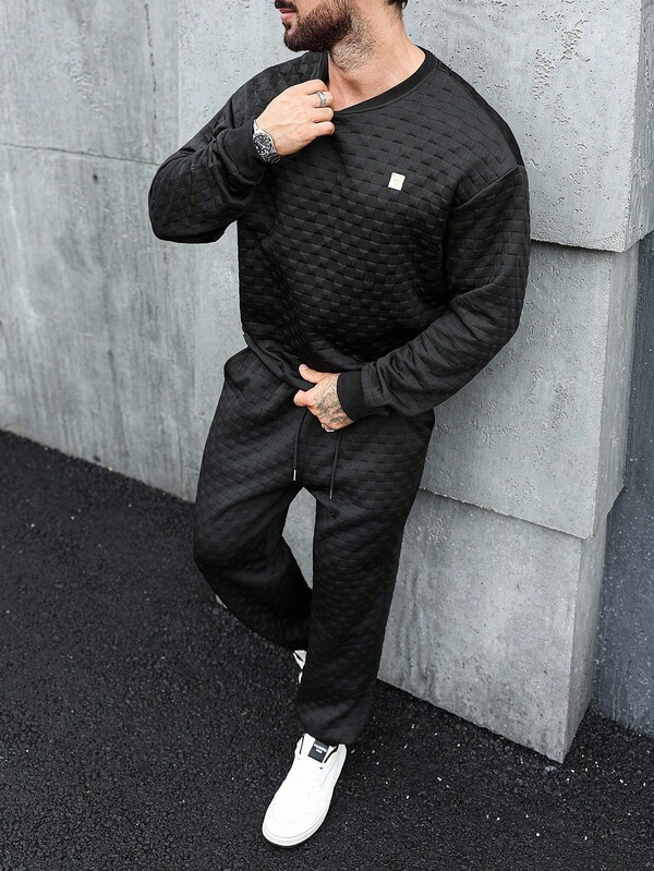 Manfinity Homme Men's Black Letter Embroidered Crew Neck Sweatshirt & Joggers Set, Casual & Commuter Daily Wear,Fall Clothes