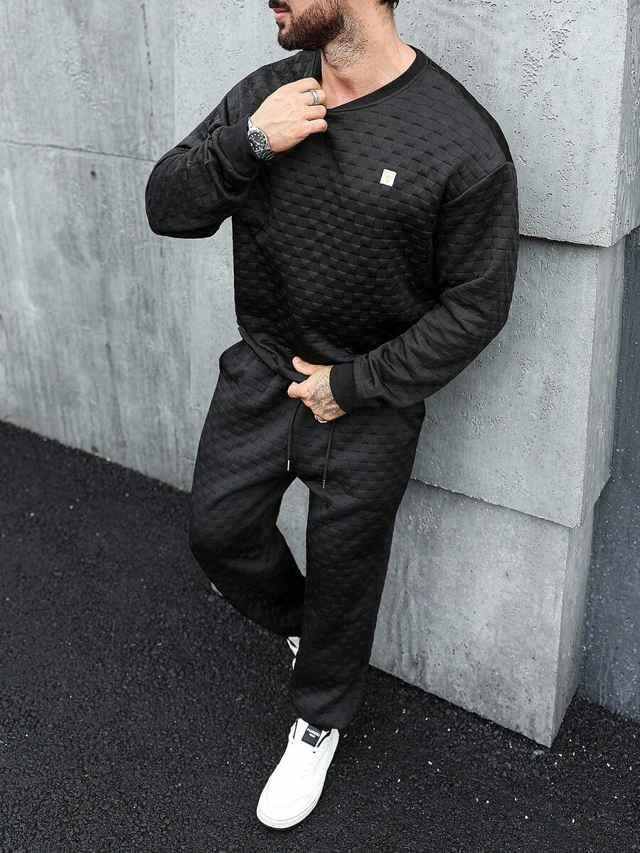 Manfinity Homme Men's Black Letter Embroidered Crew Neck Sweatshirt & Joggers Set, Casual & Commuter Daily Wear,Fall Clothes - Black - View 1