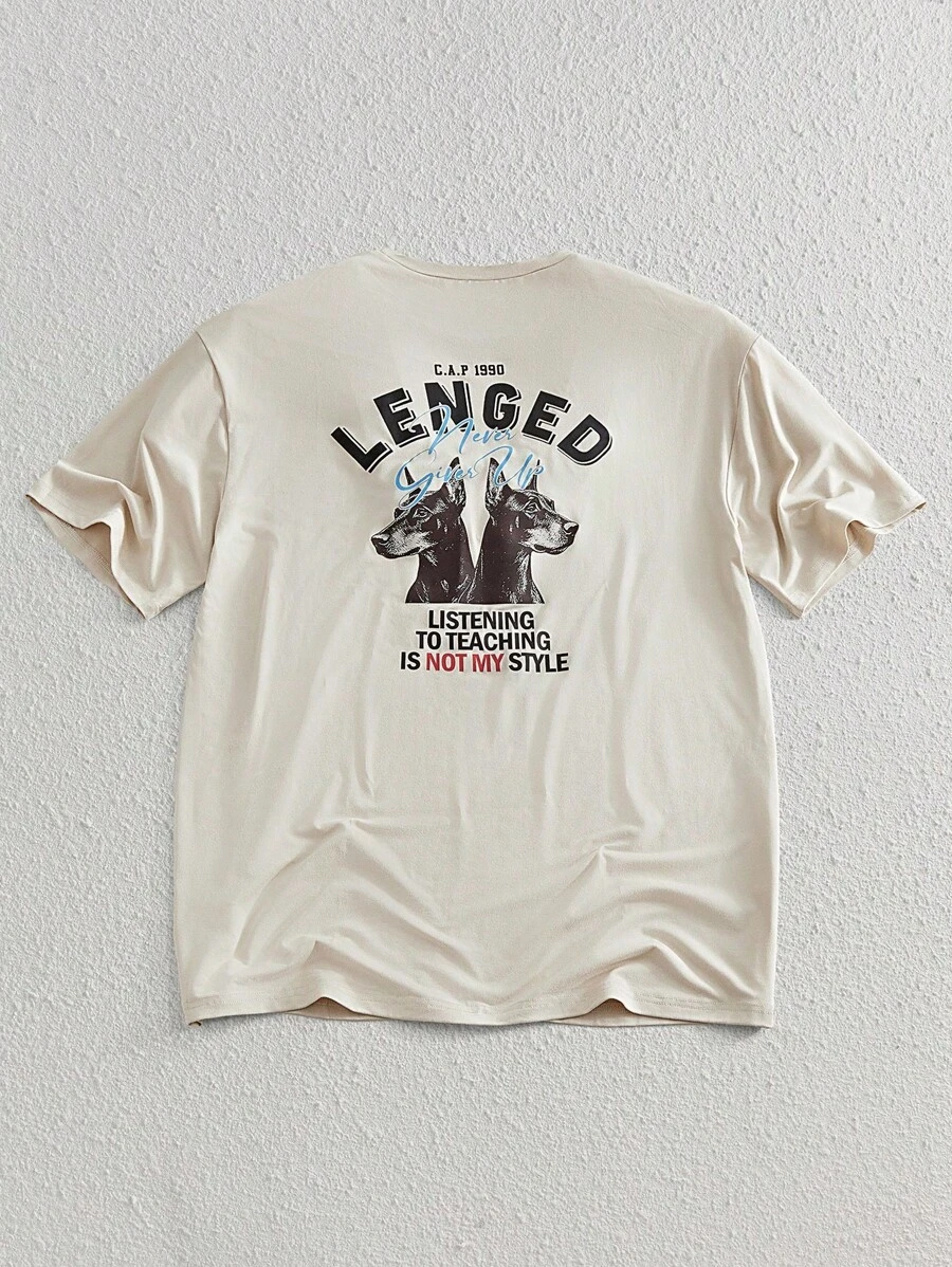 Manfinity VCAY Herren Lässiges Straßen-Alltags Dobermann Hund Illustration Muster T-Shirt, Beige Grafik Tee, Hellbraun Grafik Tee, Herren Grafik Tee, Hund Grafik Tee, Buchstabe Muster Tee - Khaki - Übersicht 1