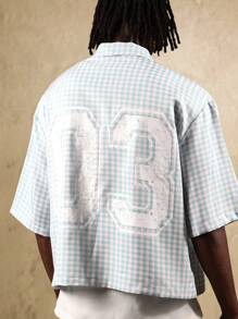 SUMWON Gingham Check Summer Shirt Oversized Button Down Classic Crop Fit Short Sleeve Printed Number Casual Street Style Baseball Varsity - Blue - View 3